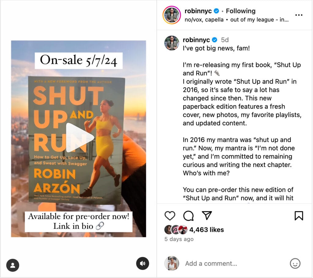 Robin Arzón's Instagram post announcing the re-release of "Shut Up and Run."